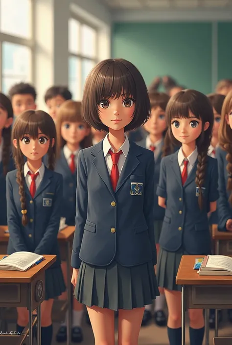 School students standing and the students are both girls and boys. They are in school uniform. I want the picture in realistic form