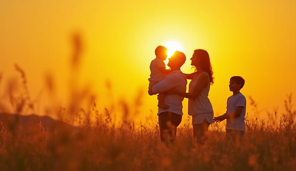 silhouette of four people, a family,  at sunset. A man holding a baby, a woman stands next to him and a  stands behind her. Another  is standing on the right in the picture. The people are in Silhouette shown, and the surrounding area is a golden yellow fi...