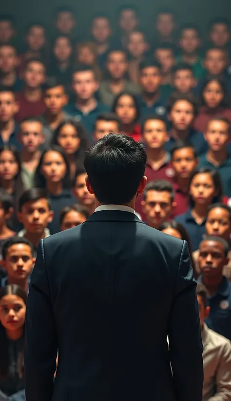 A young leader speaking to a mixed group of young people with authoritarian gestures and an air of superiority, while others listen carefully.