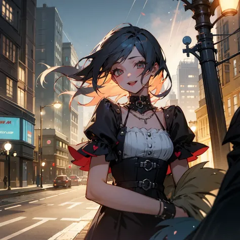 (best quality,cute girl), [Upper body, Happy, Despair], (dress, Punk fashion), Vampire, Gotham City, Street, Night, Light Trails, [American comics]