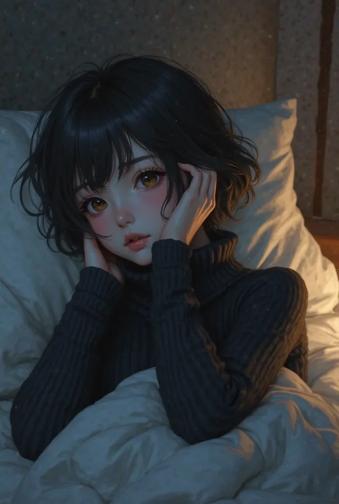 Anime girl with short black hair wearing a black turtleneck sweater laying in bed