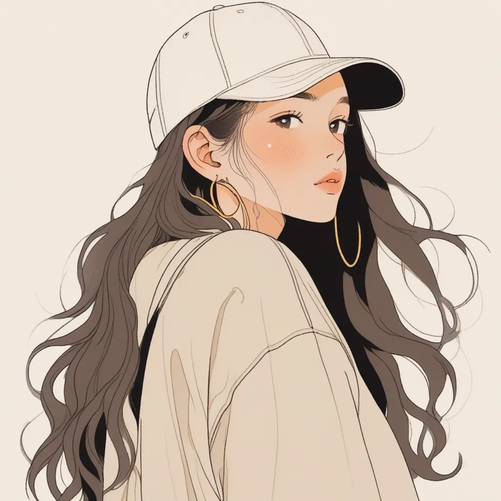 A stylish woman with a minimalist aesthetic poses against a plain white wall. She wears a beige baseball cap with subtle embroidery, a loose-fitting white sweatshirt, and a large canvas tote bag in natural fabric slung over her shoulder. Her face is partia...