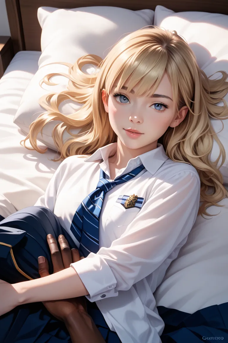 Japanese 2D Bed Blonde Long Hair and Male Uniform Interracial