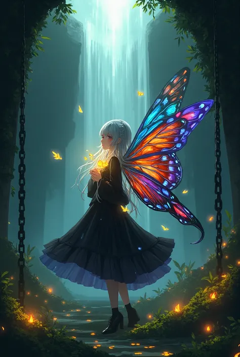 A mystical girl with silver hair and a gothic black dress standing in an ancient, overgrown ruin. She holds a glowing golden flower close to her chest, emitting a soft, warm light. Behind her, a luminous waterfall cascades down, illuminating the dark surro...