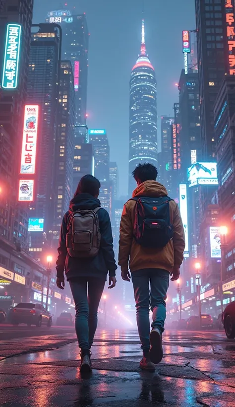 Create an image of two friends in a futuristic cyberpunk city full of lights and neon, full hd, 4k