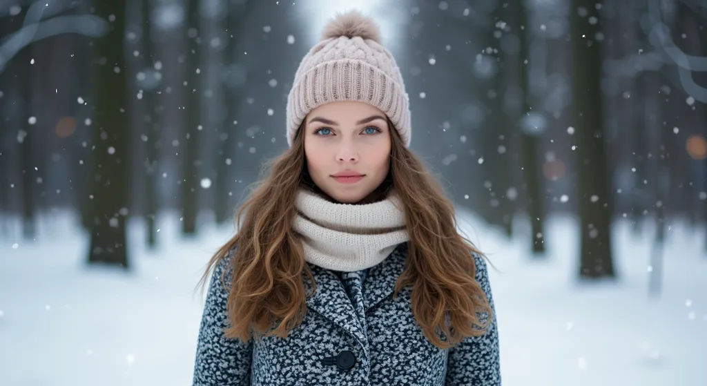 A beautiful 25-year-old European actress stands in a snow-covered park in winter clothes. She spreads her arms and enjoys the falling snow. There is a bench in the park, and you can also see snow-covered trees and streetlights. Natural light. she stand up ...