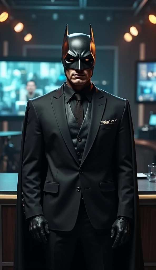 Batman wearing a black suit and posing as a TV presenter 