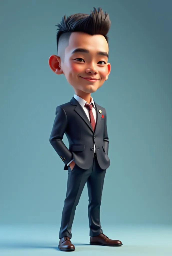  realistic 3D caricature of an Indonesian man, short hair like a soldier,standing wearing suit and pants and leather shoes, plain blue background gradation, UHD 16k, 3D cartoon masterpiece.  chibi"