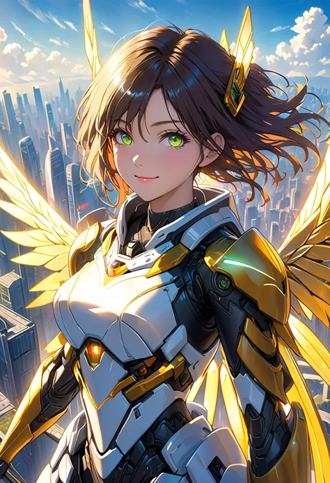  masterpiece,( Highest quality ),highlydetailed,Ultra High Definition,1 girl,(MechanicalWings:golden, glowing eyes:green,goldenrarmor:1.2, Elon Gated Years :0.8),(cyberpunk city:1.5,arms: energy blade ),(Fantasy Scenery:1.2, natural light:1.5, confident ex...