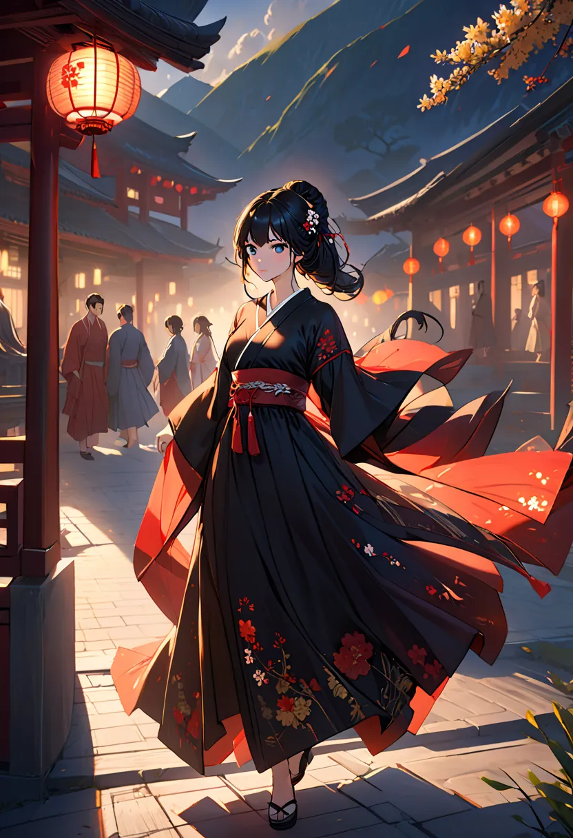 1 girl,full body,very detailed face, beautiful detail eyes with a black camisole,light on face,cinematic lighting,viewers,outdoor,  black hair,(Black Chinese architecture:0.05),Hanfu,