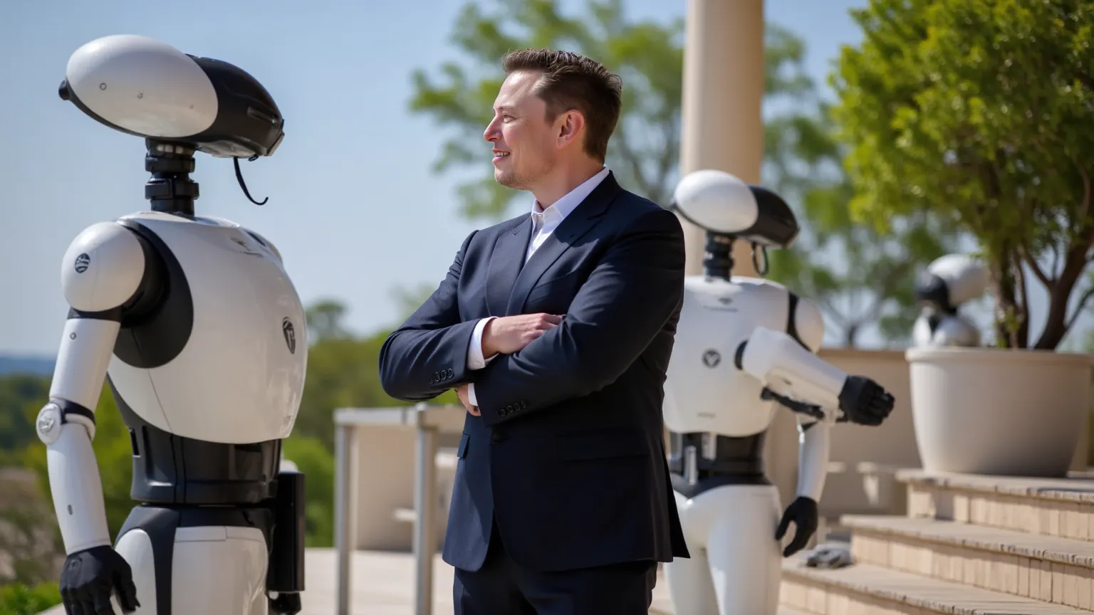 ultra realism. 4K. Better quality. Billionaire Elon Musk,  in a business suit are standing nearby, stands on his ranch on wooden steps on the terrace. Clear sunny day. On the sides, Tesla Robots. And his guards. He crossed his arms and smiles smugly.