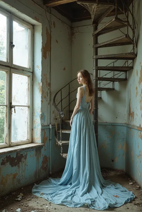 The ceiling in the narrow room is very high. In the background, a cast-iron spiral staircase is visible in the corner. An asthenic young girl in a light blue flowing evening dress with a long train poses at the top of the stairs. A long train falls down th...