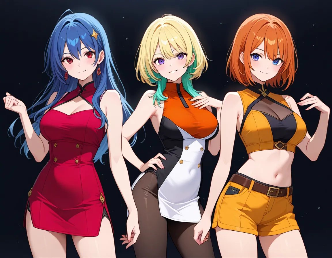 (3 adult girls), anime characters, outfit designs, diverse outfits, character design, outfit design, pose, different hair color,
 cowboy shot,