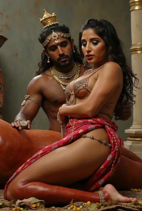 durga maa wearing sexy transparent dress, thick thighs big big hips , showing naked hips. She is wothout blouse. She is sitting on the thighs of mahisasur whille mshisasur is laying down while demon king Ravan is fucking durga maa from behind