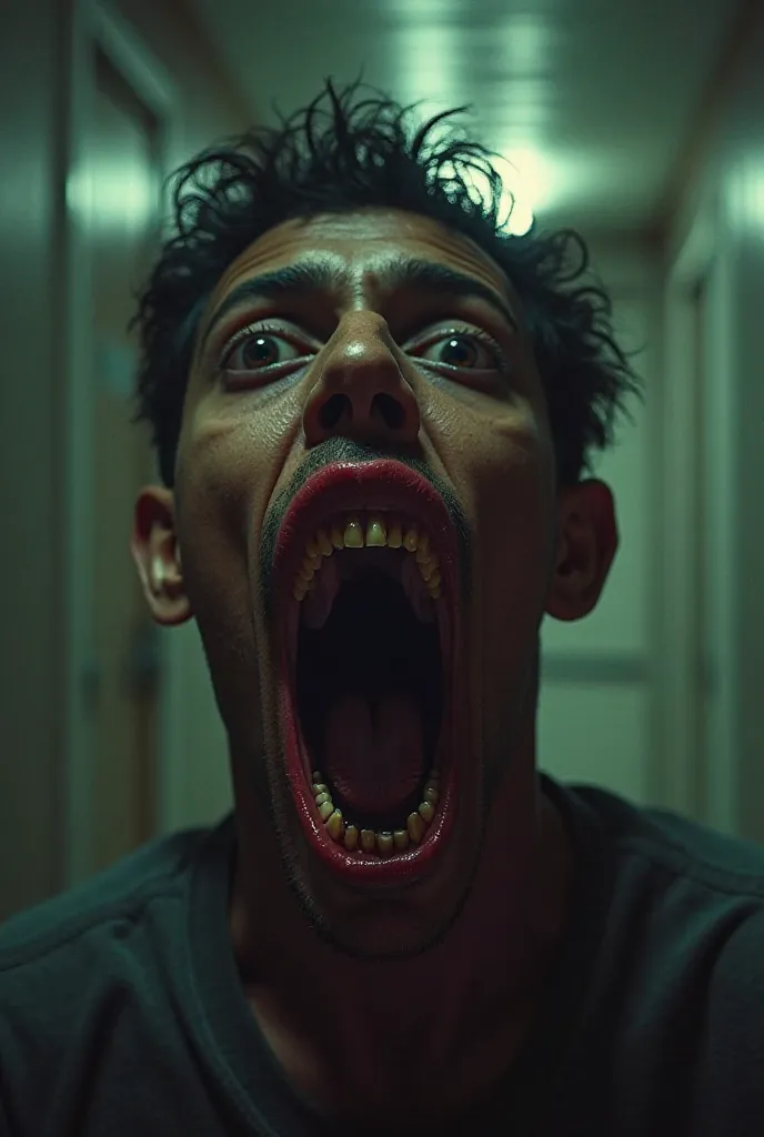 Without warning, Ajay’s expression distorts grotesquely—his mouth stretches impossibly wide, his teeth jagged and uneven. His eyes darken into deep, endless voids. His neck tilts at an unnatural angle. The corridor lights flicker violently as the air fills...