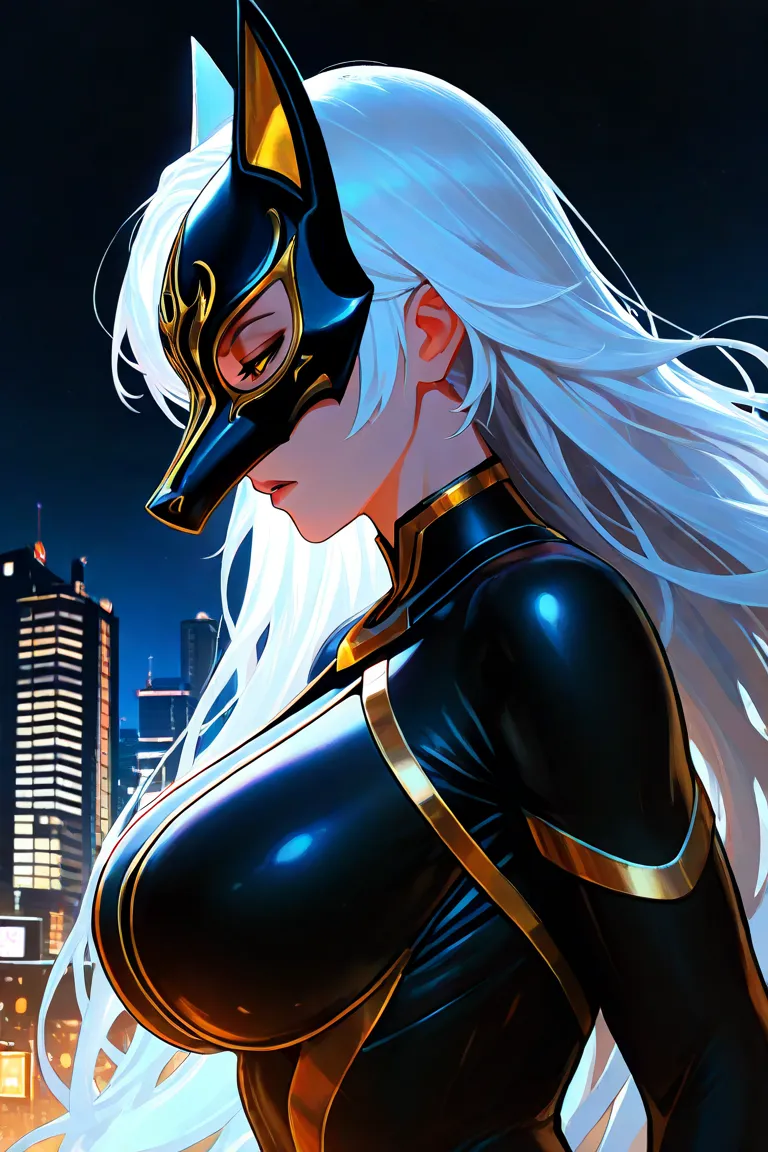 1girl, black body suit, long hair, (white hair ), gold colored eyes, ultra-detailed, high quality, best quality, super beautiful, masterpiece, chiaroscuro, big breast, look half closed eyes , from side view, dramtic light expression, half wolf mask, city, ...