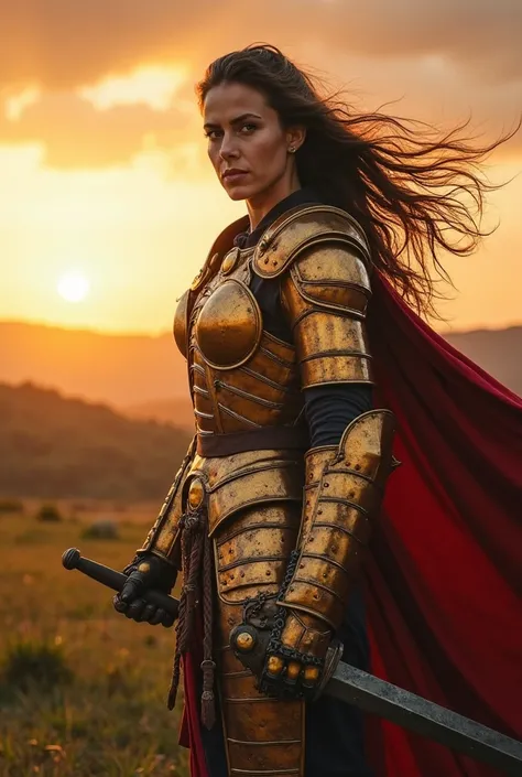 A powerful warrior with long brown hair,  She wears a shiny golden armor , stands out in the middle of the horizon in an epic setting at sunset. Her armor is detailed with polished metal plates,  reflecting the golden light of the sky . She holds a wide sw...