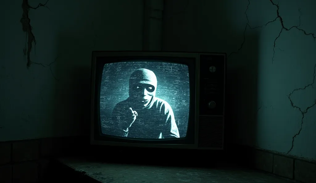 "A glitchy, old CRT television in a dark, abandoned room, playing a strange black-and-white video of a masked figure whispering numbers. The figure’s eyes are hollow and empty, and the video has heavy static interference. The room is filled with eerie shad...