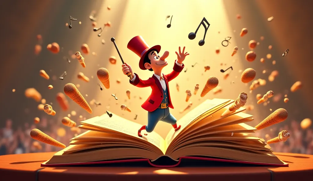 Create a Pixar Cartoon-style image OF A MAESTRO HOLDING HIS BATS AS IF HE WERE RUNNING. NEXT TO IT A LARGE OPEN BOOK AND MUSICAL NOTES COMING FROM INSIDE THE BOOK. 