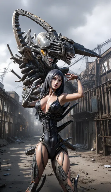 God Eater, a gorgeous Korean female idol wearing a deep V sheer lace mini dress, stockings and gorgeous super high heels, stands in a dystopian urban setting holding a huge, highly detailed A mechanical chainsaw-like sword, full of complex mechanical parts...