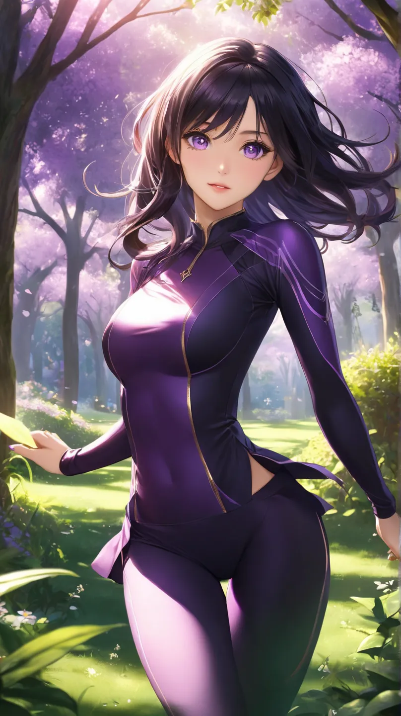  anime girl t-shirt, Long black hair, violet eyes,  She has a seductive look , has a black collar, She's wearing a purple top and a lycra in the same color that matches, is running through the park