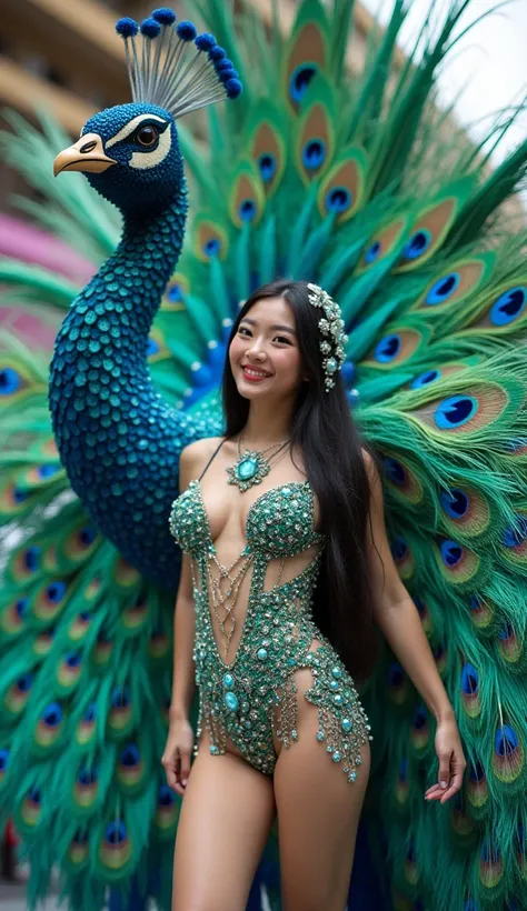 On the side of a colorful peacock-themed float,  Peacock the show,carnival parade, Korean woman, long long black hair, Dressed in an extravagant outfit inspired by peacock feathers, The outfit consists of a swimsuit detailed with embroideries and rhineston...