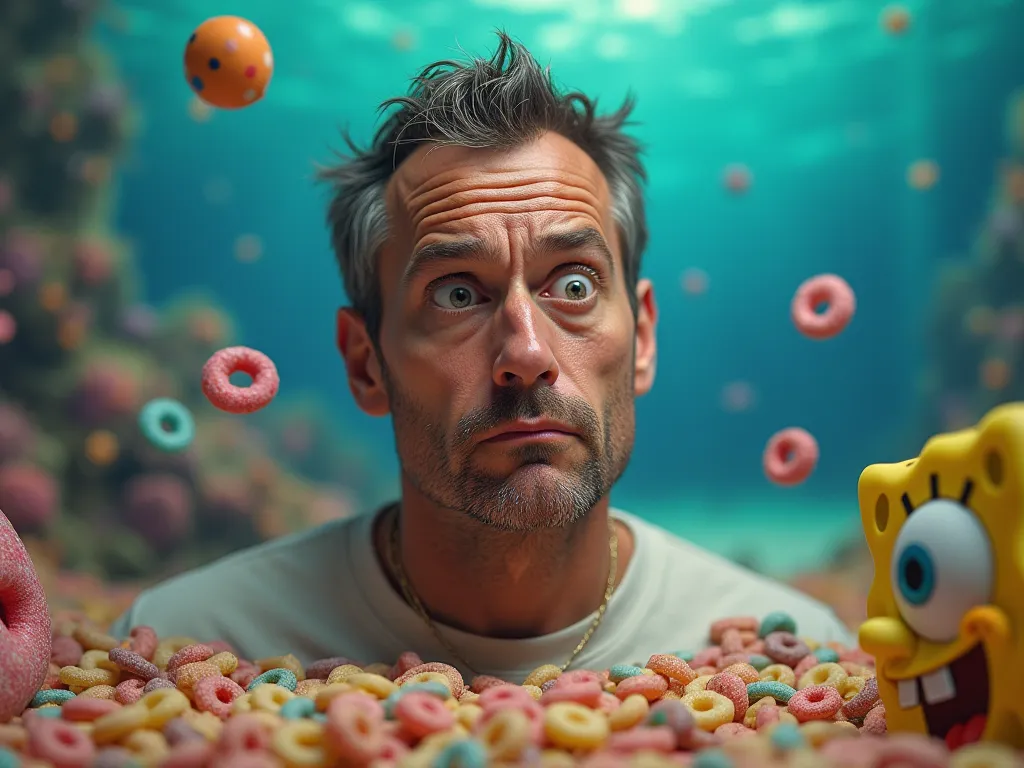 hyper realistic photo of a man with a confused face, SpongeBob background with a box of "Fruit Loops” eating