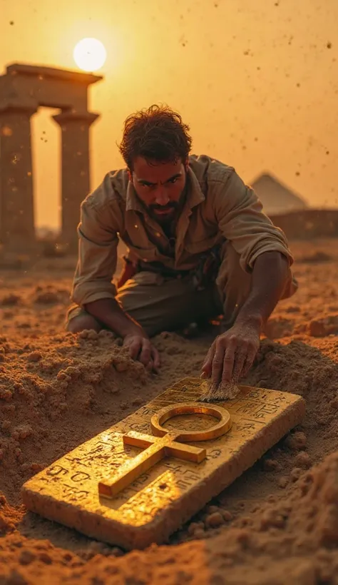 "Ultra-detailed cinematic artwork, an archaeologist in modern times, brushing the sand off an ancient artifact. The discovery is a golden ankh with mysterious engravings. Behind him, the ruins of an Egyptian temple stand against a glowing sunset, symbolizi...