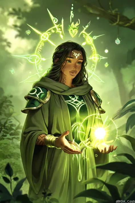 A plant-type witch; the guardian of the magical forest. Her armor is earthy; her robe green and mossy. Her light-brown skin is tattooed with marks of magical runes; and her body adorned with gems. She casts a healing light spell on injured beasts