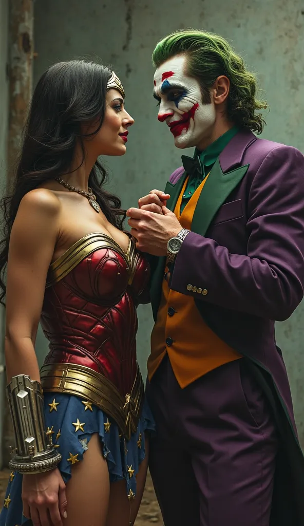 Two-shot photos of the Joker and Wonder Woman、
Japanese Wonder Woman , ((Highest quality,  masterpiece),     Wonder Woman with huge breasts and a butt  .  ((( she's crying with big steel handcuffs、she's restrained and can't move)))   .  She's sweating a lo...