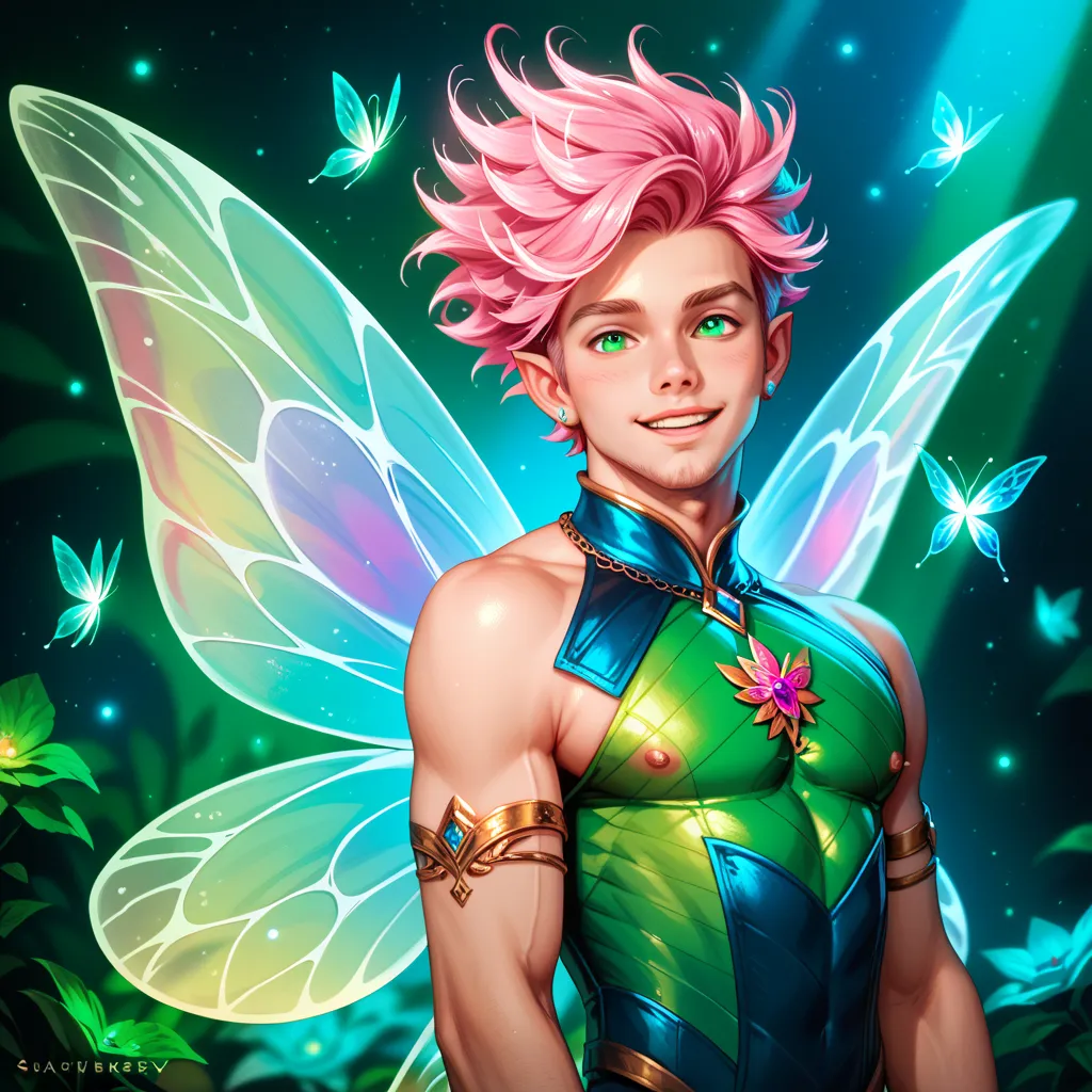 Male. Fairy. Short. Huge multicolour Fairywings. Pink hair. Green Eyes