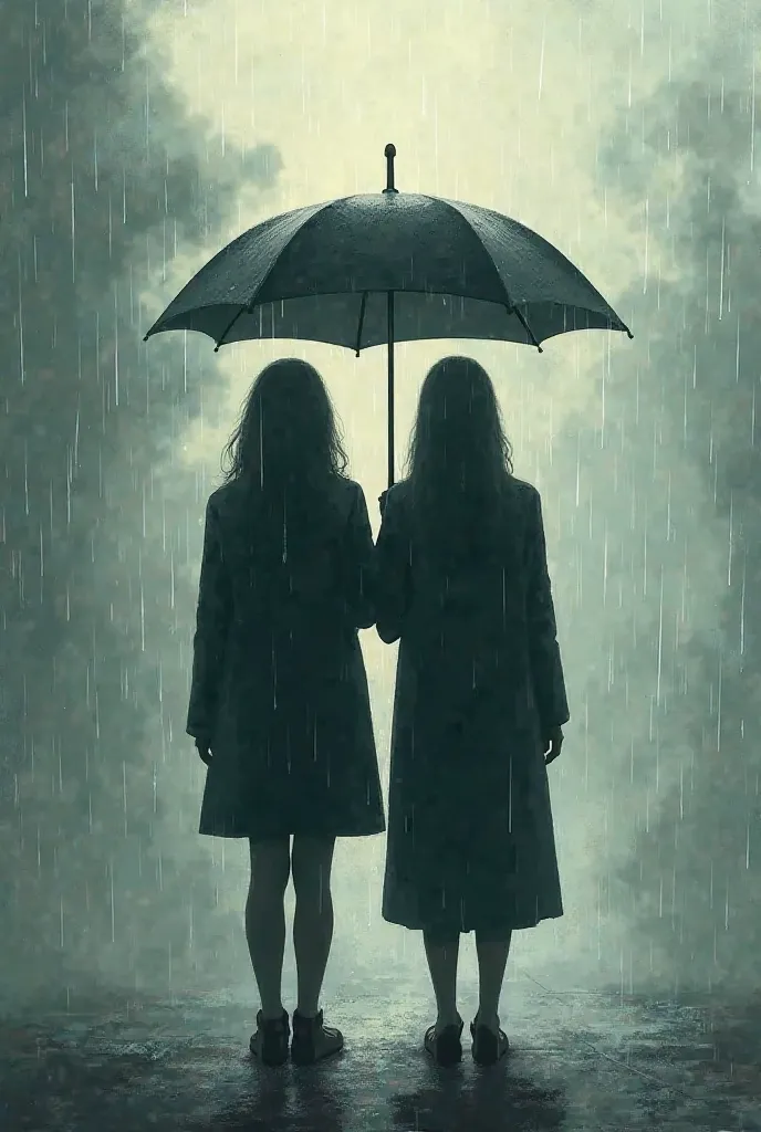 Create two F-shaped figures in the rain with an umbrella behind them.