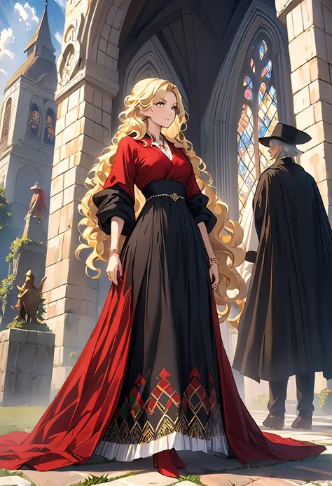 Dark Souls,  sex, Ancient Church , mature woman,  slim, is tall, Long Blonde Curly,  long black cloak ,  red leotard long skirt, Rhombus pattern long skirt ,  gold bracelet, 8k, official style,  European aristocrats , 