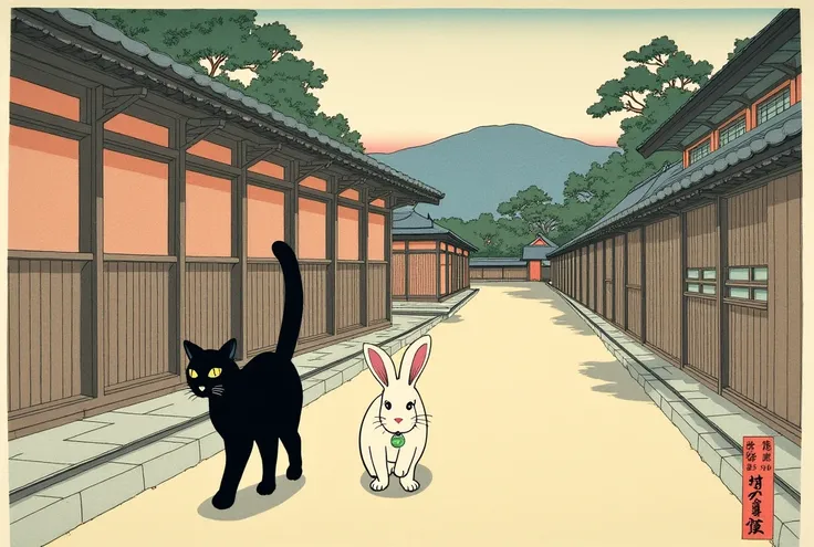 Utagawa Hiroshige's 53 Tokaido　Black cat and white rabbit walking around Shinagawa-juku