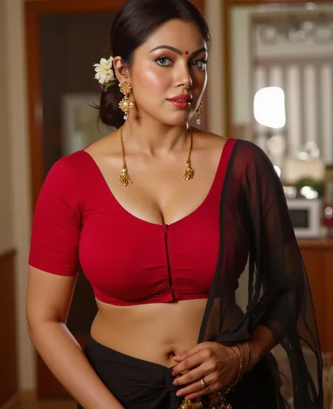 Dusky body, red blouse, black see through saree, working in kitchen, sweat drops seen in her body, hair tied around, flowers in head, red lips, deep navel, sexy waist folds, nosering, Fit and curvy body, sleeveless blouse, costly room, bangles in hand, bin...