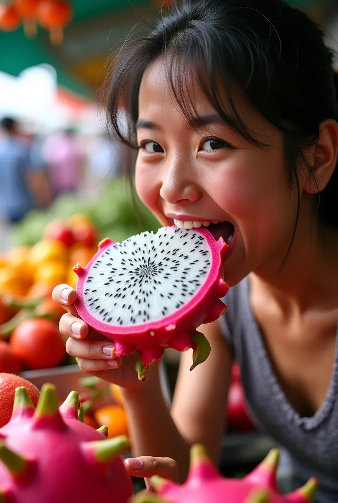 A person biting a juicy pitahaya that is marketing
