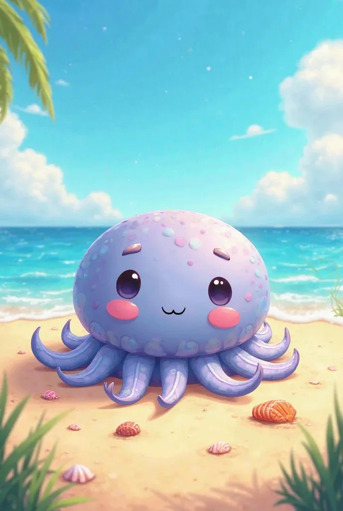 An image of a jellyfish cartoon laying on a beach 