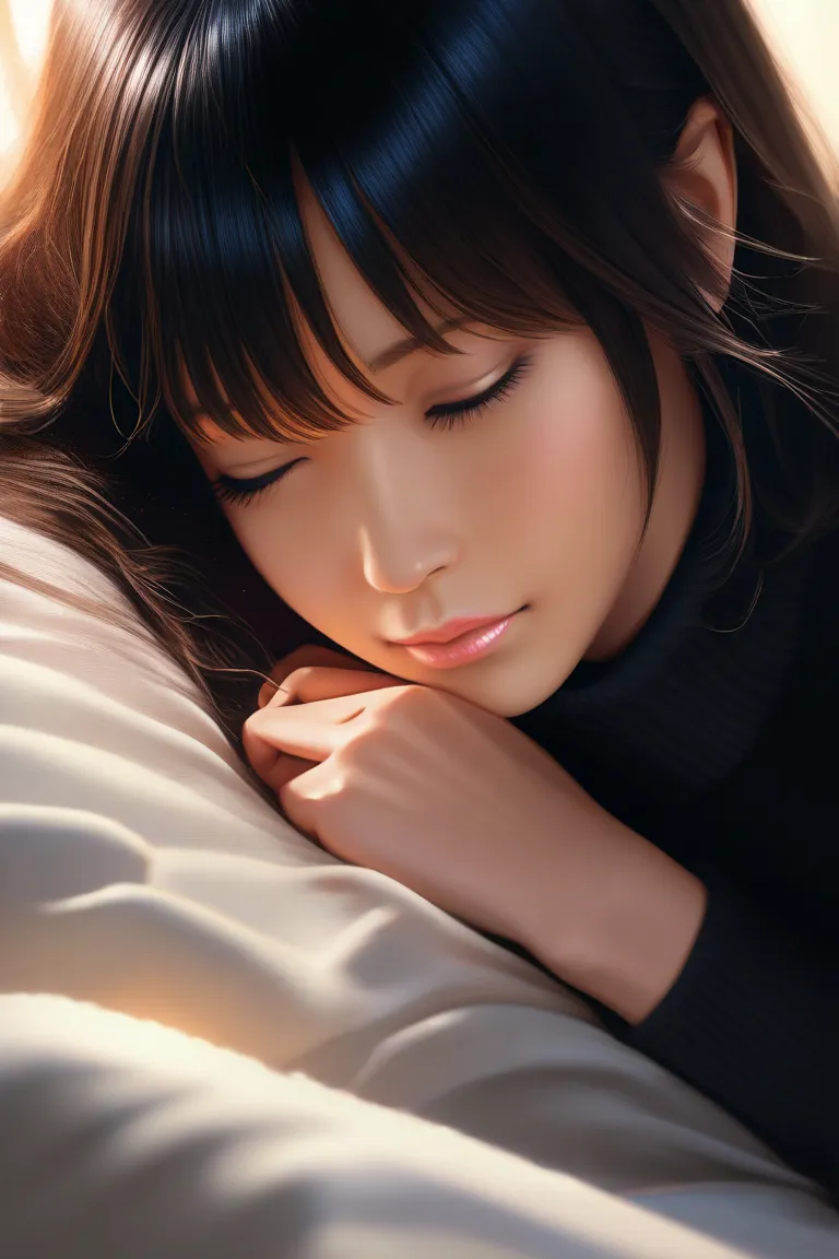 Anime girl with short black hair wearing a black turtleneck sweater laying in bed