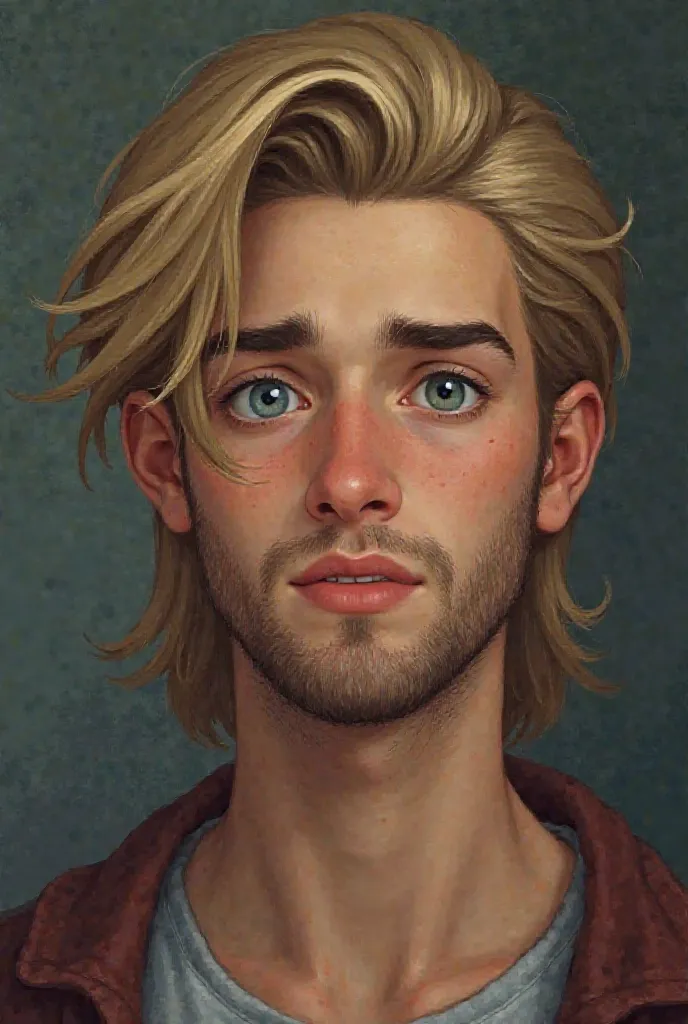 Make me an image of a boy about 32 tall, with blond hair with brown locks, brushed back and shaved from the sides. His eyes are blue and he has a short beard left only for a few days. I want this boy to be marked