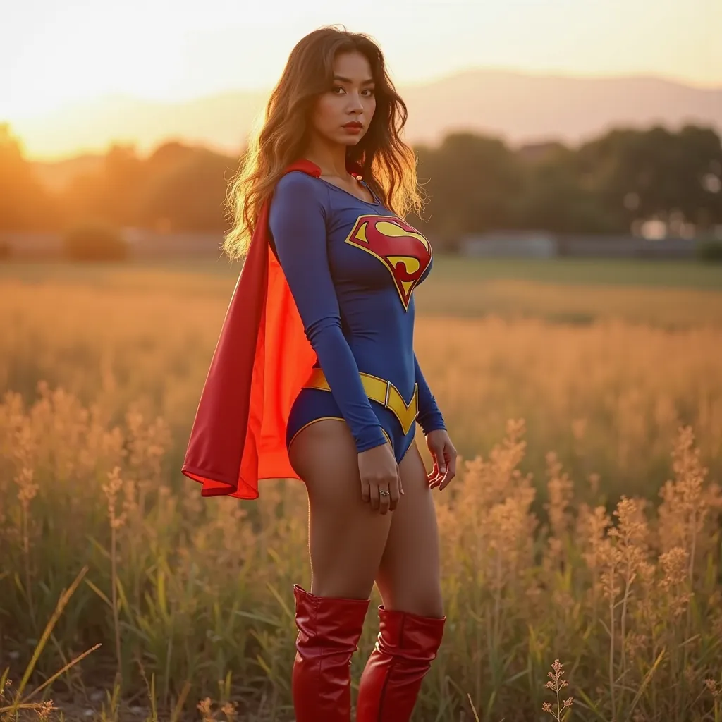 Create a masterpiece portfolio with Kesha Ortega, dressed in a Supergirl suit. She is standing in a meadow, with your back to the sun. She has a 36th chest ff, which is enlarged with silicone. She is wearing red high-heeled boots. The fabric fits her body ...