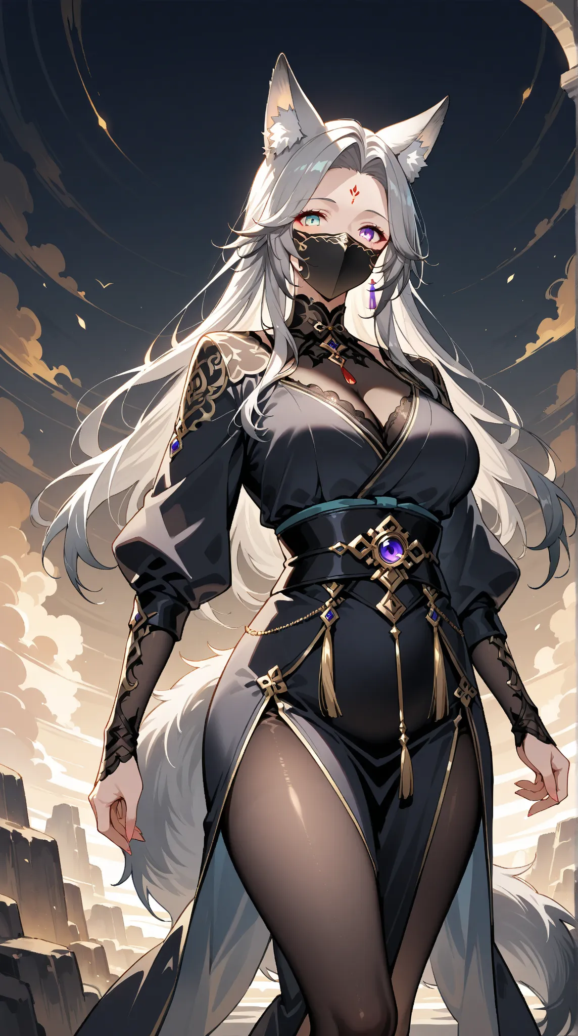 Waifu wolf gray hair with purple, (mature mother),  long hair, eyes of different colors,  wolf's ears and tail, with a mask of darkness