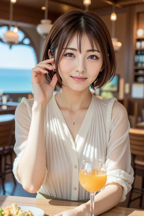 (Character)
Front top view of a Japanese woman in her 20s, natural brown hair color,short hair, shaggy,anatomically correct,anatomically correct,
(clothing)Sheer overblouse,
(action)
she is wearing a cheek cane at the bar counter.
is smiling, Place one han...