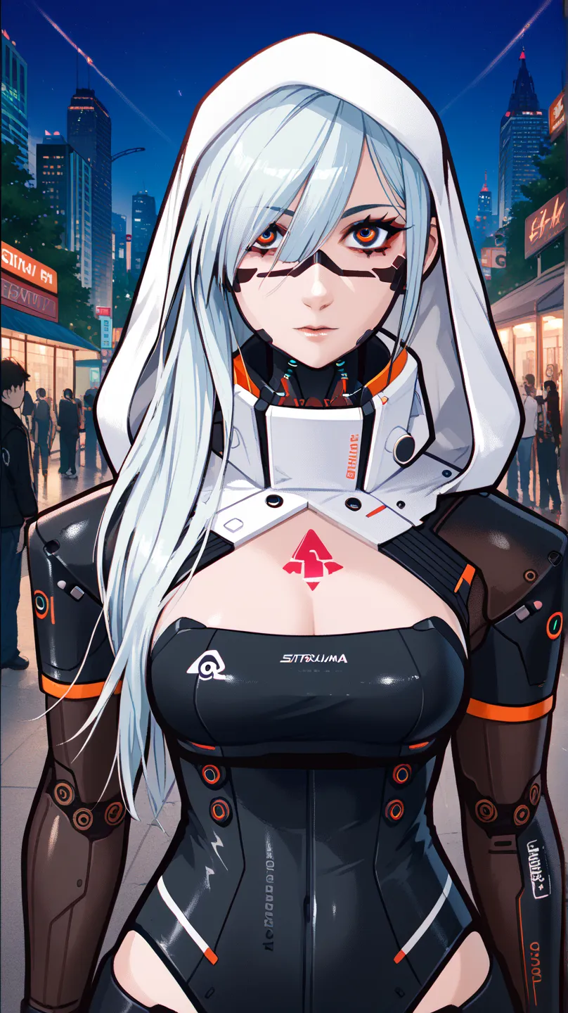 With several details and cyber tribal prints designed on the clothes, Wearing a hood with two spectacle lenses sewn into the white mask on the hood, a detailed painting of Jin Homura, pixiv, shin hanga, highly detailed face , ((Extreme Detail)), biomechani...