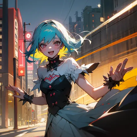 (best quality,cute girl), [Upper body, Happy, Despair], (dress, Punk fashion), Vampire, Gotham City, Street, Night, Light Trails, [American comics]