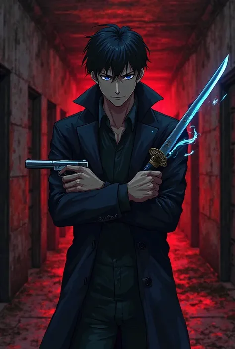 In the style of Jujutsu Kaisen anime
A man about 32 years old short hair and black blue eyes 
He's wearing a black detective coat 
He holds a gun pointed in front of him, changing to something, while in his other hand he has a katana with blue evil energy ...