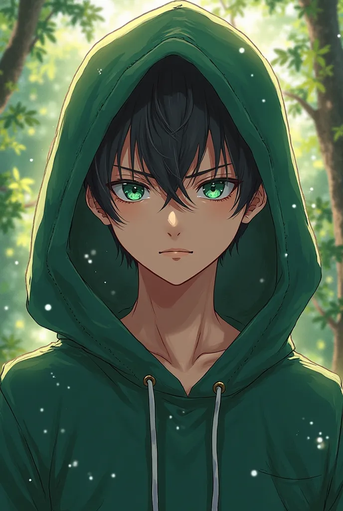 An anime-style young man who can only be seen in his face wearing a green hooded and long-sleeved t-shirt with style, nature style and making epic moves