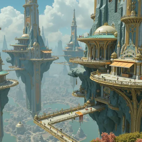 ancient city in the sky、ancient cityには僅かな人々lives、Maze-like city、There are lots of huge buildings and houses shaped like I've never seen、very prosperous and highly technical、realistic texture、Highly detailed images、Greatest Masterpiece、32K、 ultra high def 、...