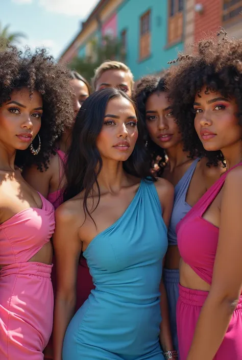 A group of girls, some brunettes other white, that are chiporas and are wearing a somewhat pompous pink and blue one-sleeve dress 