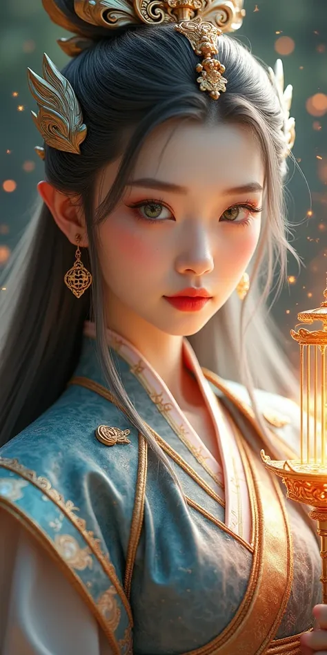 Uhd, half body photograpphy, Most beautiful xianxia female protagonist,light brown dominant and silver strand long hair , green jade eyes,use majestic goddess armor with red  mate fillamen, high detail blue jade phoenix pattern clothes,face detailed,lips d...