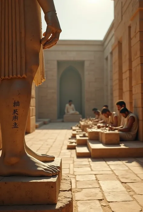 "8K ultra-realistic cinematic first-person view of an ancient Egyptian statue watching scribes writing on papyrus scrolls. The statue’s worn stone hands remain still in the foreground, bathed in soft sunlight. Its feet rest on a weathered pedestal. The scr...